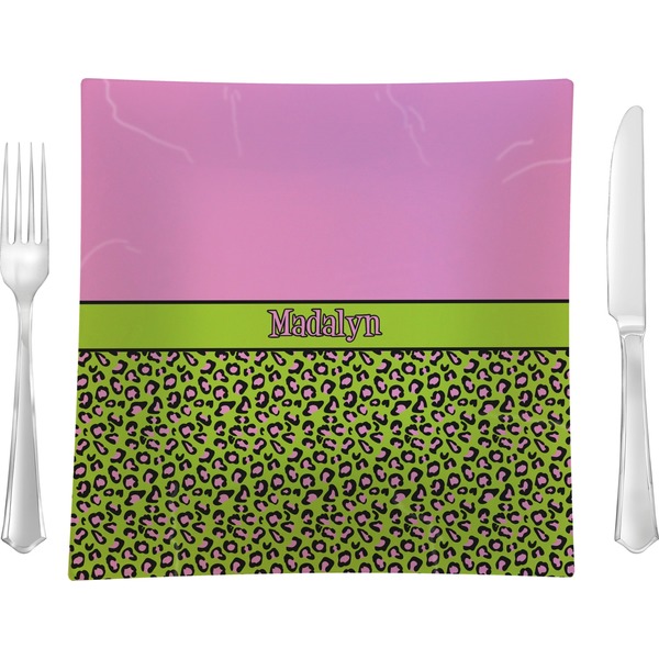 Custom Pink & Lime Green Leopard Glass Square Lunch / Dinner Plate 9.5" (Personalized)