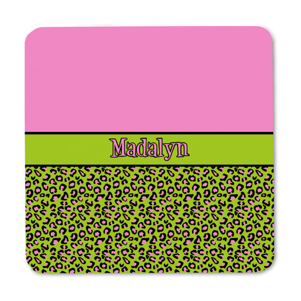 Pink & Lime Green Leopard Square Fridge Magnet - FRONT
