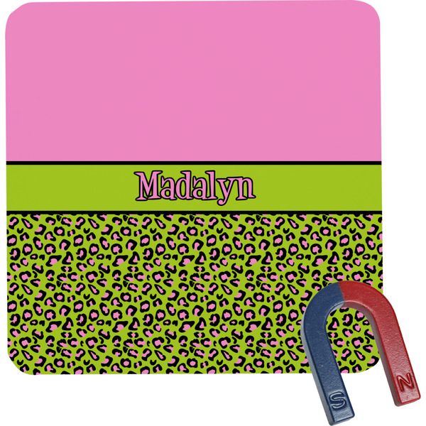 Custom Pink & Lime Green Leopard Square Fridge Magnet w/ Name or Text