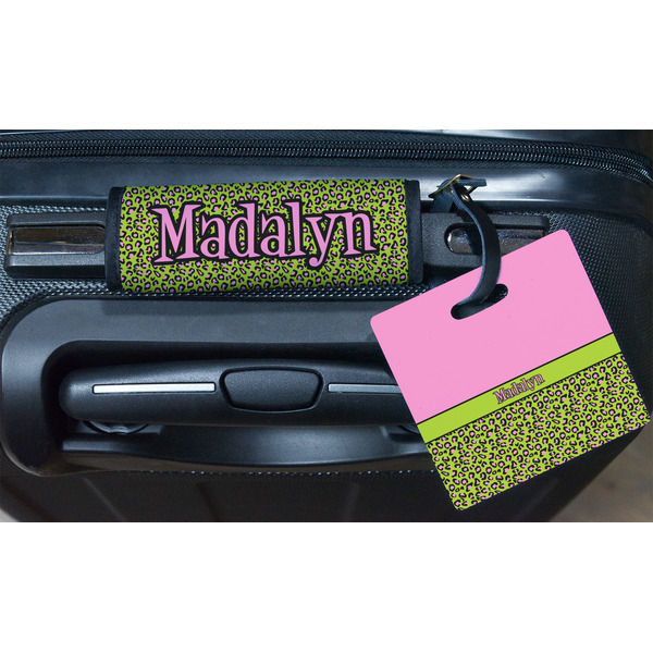 Pink & Lime Green Leopard Square Luggage Tag & Handle Wrap - In Context