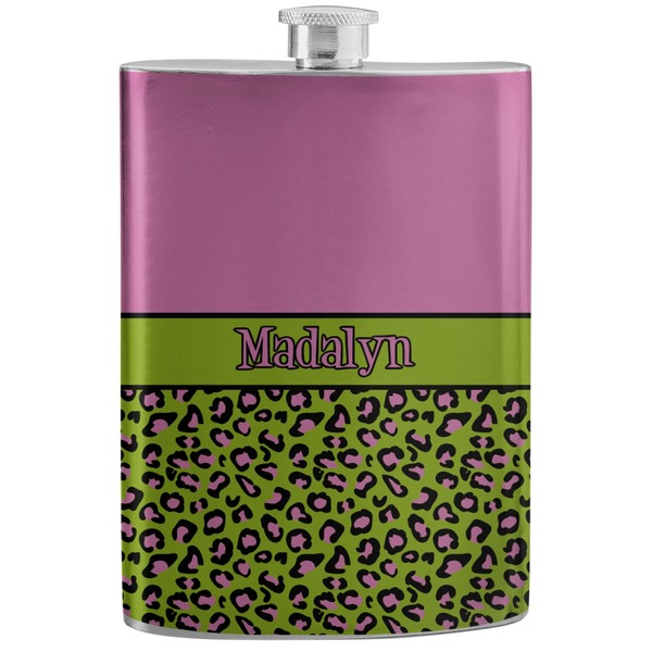 Custom Pink & Lime Green Leopard Stainless Steel Flask (Personalized)