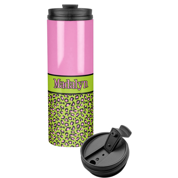 Custom Pink & Lime Green Leopard Stainless Steel Skinny Tumbler (Personalized)
