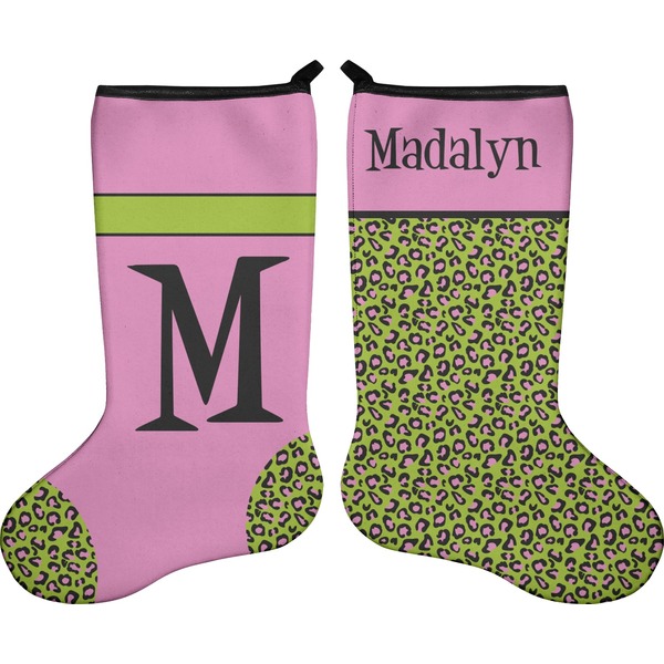 Custom Pink & Lime Green Leopard Holiday Stocking - Double-Sided - Neoprene (Personalized)