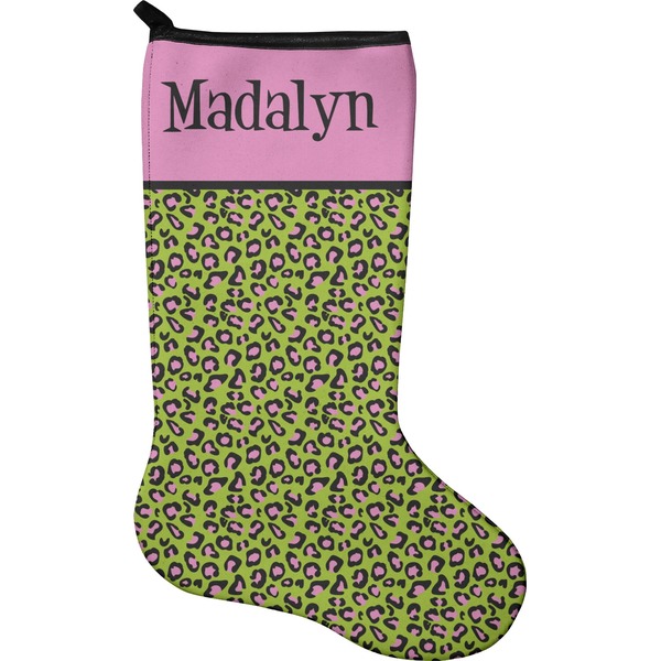Custom Pink & Lime Green Leopard Holiday Stocking - Single-Sided - Neoprene (Personalized)