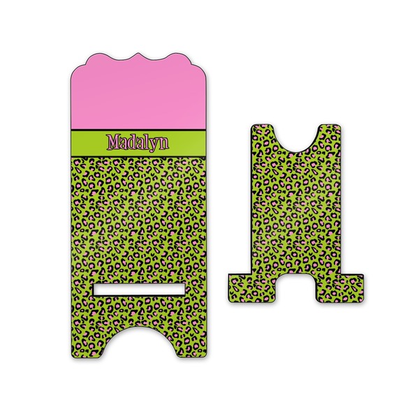 Pink & Lime Green Leopard Stylized Phone Stand - Front & Back - Small