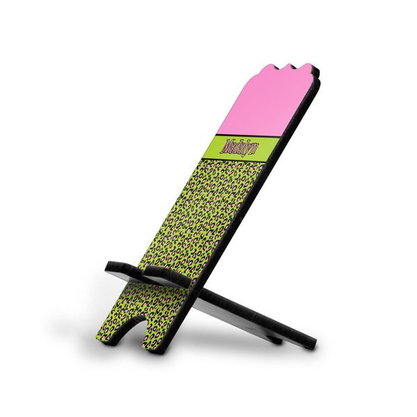 Custom Pink & Lime Green Leopard Stylized Cell Phone Stand - Large (Personalized)