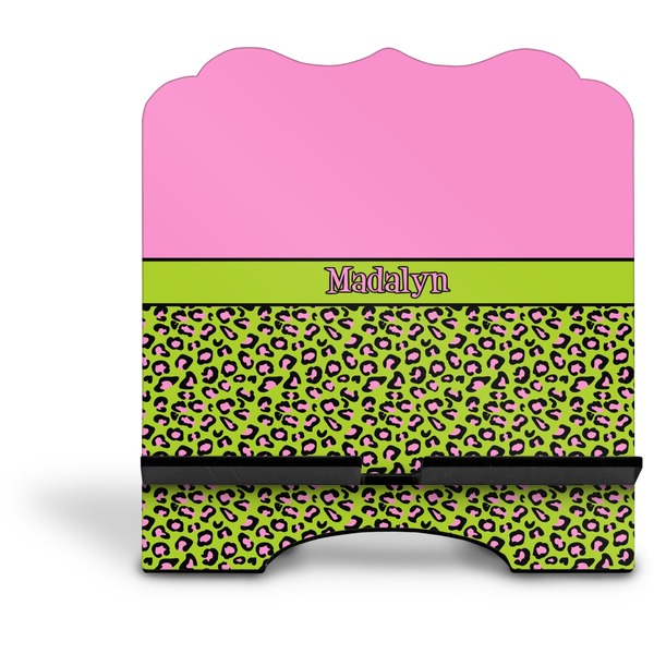 Pink & Lime Green Leopard Stylized Tablet Stand - Front without iPad