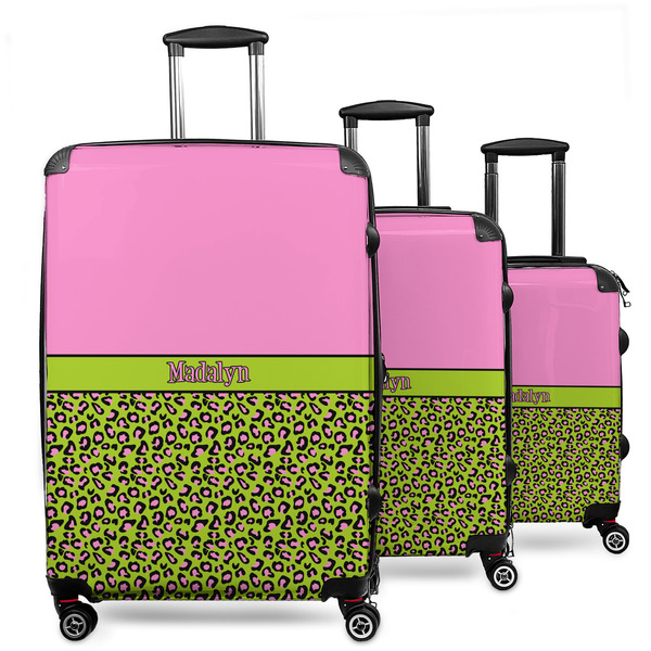 Custom Pink & Lime Green Leopard 3 Piece Luggage Set - 20" Carry On, 24" Medium Checked, 28" Large Checked (Personalized)