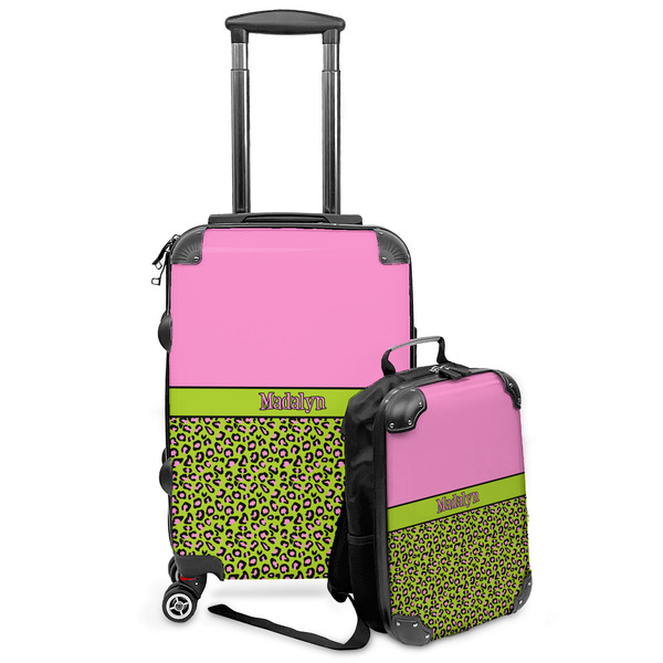 Custom Pink & Lime Green Leopard Kids 2-Piece Luggage Set - Suitcase & Backpack (Personalized)
