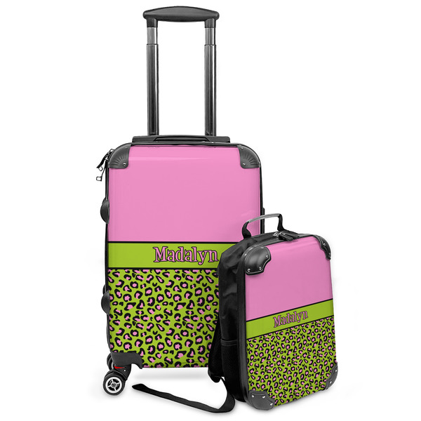 Custom Pink & Lime Green Leopard Kids 2-Piece Luggage Set - Suitcase & Backpack (Personalized)