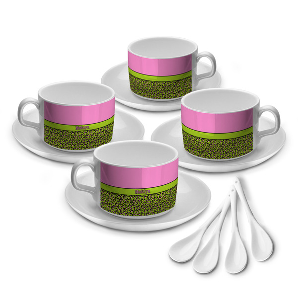 Custom Pink & Lime Green Leopard Tea Cup - Set of 4 (Personalized)