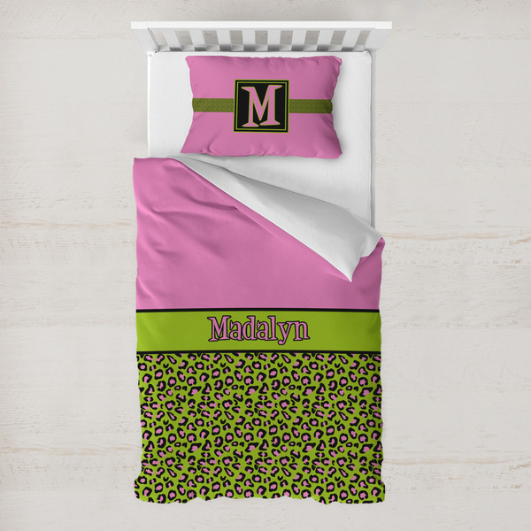 Custom Pink & Lime Green Leopard Toddler Bedding Set - With Pillowcase (Personalized)