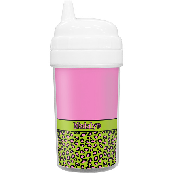 Custom Pink & Lime Green Leopard Toddler Sippy Cup (Personalized)