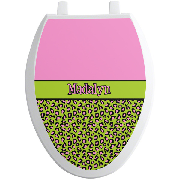 Custom Pink & Lime Green Leopard Toilet Seat Decal - Elongated (Personalized)