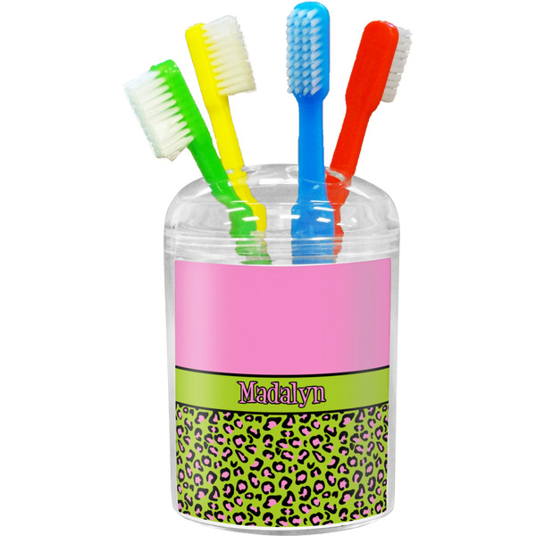 Custom Pink & Lime Green Leopard Toothbrush Holder (Personalized)