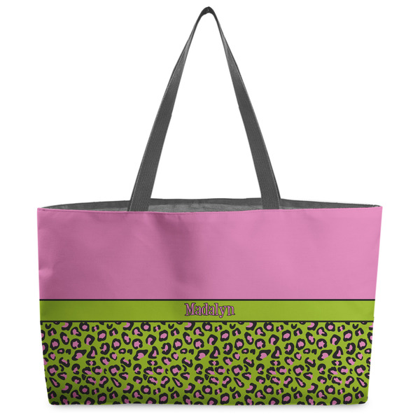 Custom Pink & Lime Green Leopard Beach Totes Bag - w/ Black Handles (Personalized)