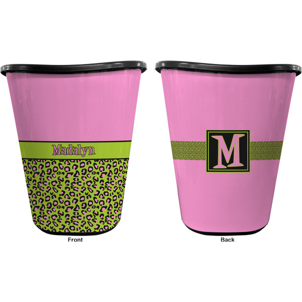 Pink & Lime Green Leopard Trash Can Black - Front and Back - Apvl