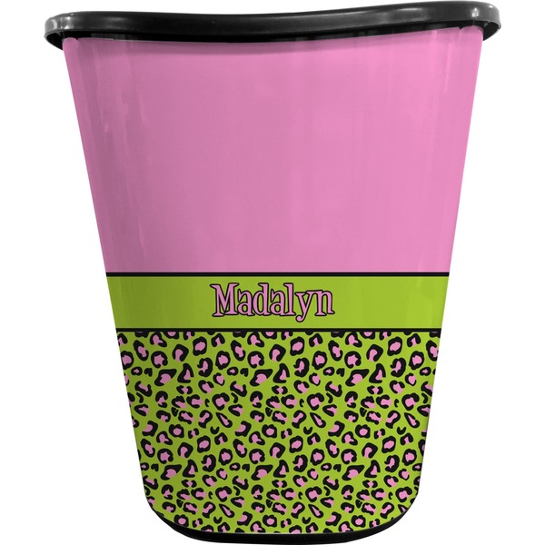 Custom Pink & Lime Green Leopard Waste Basket - Double Sided (Black) (Personalized)