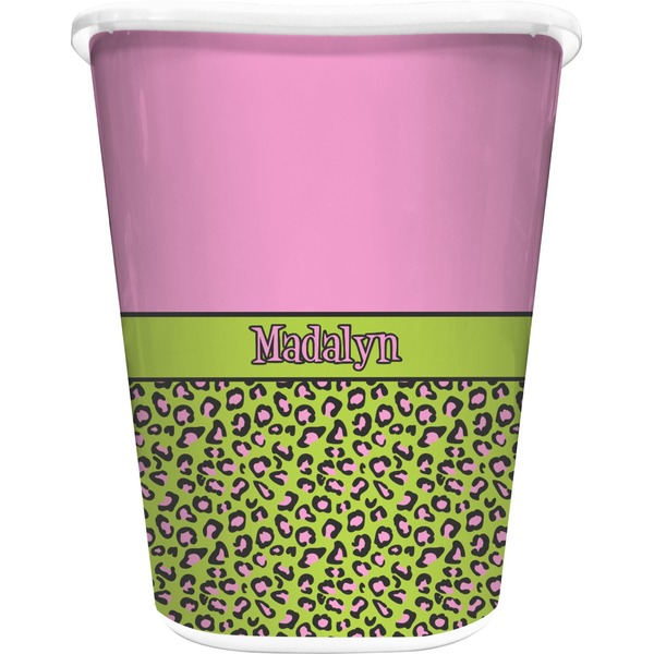 Custom Pink & Lime Green Leopard Waste Basket - Single Sided (White) (Personalized)