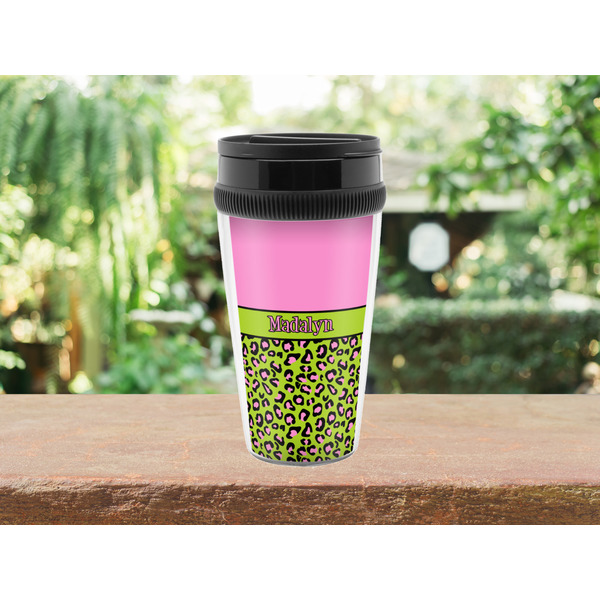 Pink & Lime Green Leopard Travel Mug Lifestyle (Personalized)