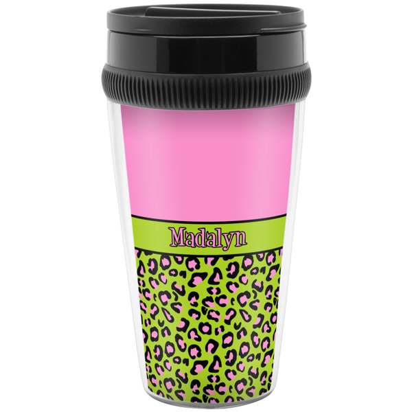 Custom Pink & Lime Green Leopard Acrylic Travel Mug without Handle (Personalized)