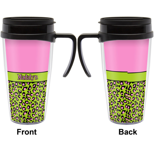 Pink & Lime Green Leopard Travel Mug with Black Handle - Approval