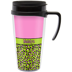 Pink & Lime Green Leopard Acrylic Travel Mug with Handle (Personalized)