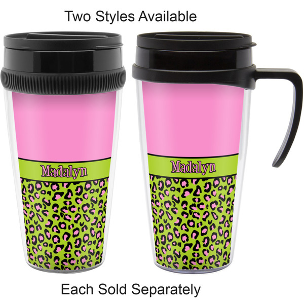 Pink & Lime Green Leopard Travel Mugs - with & without Handle
