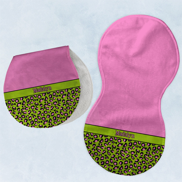 Custom Pink & Lime Green Leopard Burp Pads - Velour - Set of 2 w/ Name or Text