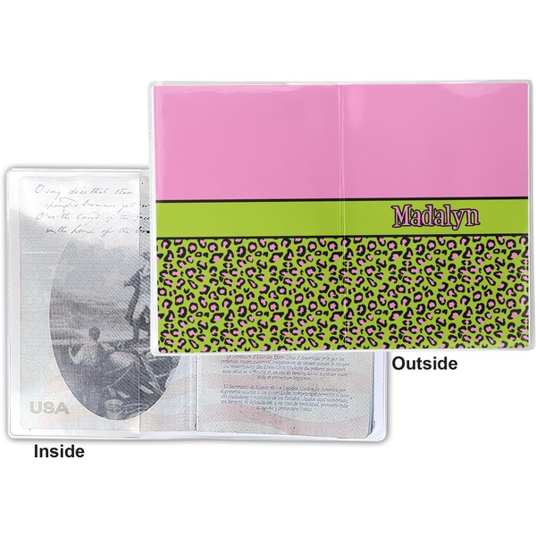 Pink & Lime Green Leopard Vinyl Passport Holder - Flat Front and Back