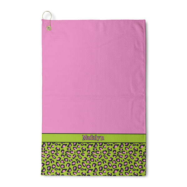 Custom Pink & Lime Green Leopard Waffle Weave Golf Towel (Personalized)