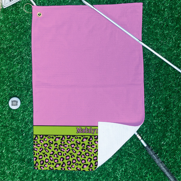 Pink & Lime Green Leopard Waffle Weave Golf Towel - In Context