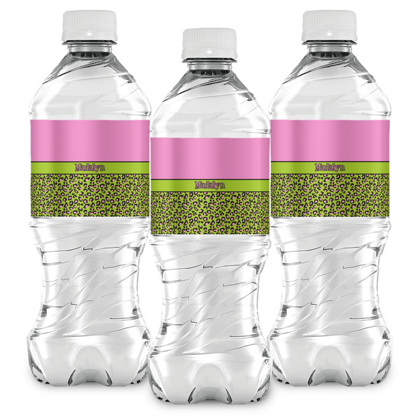 Pink & Lime Green Leopard Water Bottle Labels - Front View
