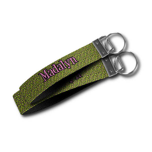 Pink & Lime Green Leopard Webbing Keychain FOBs - Size Comparison