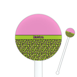 Pink & Lime Green Leopard 5.5" Round Plastic Stir Sticks - White - Single Sided (Personalized)