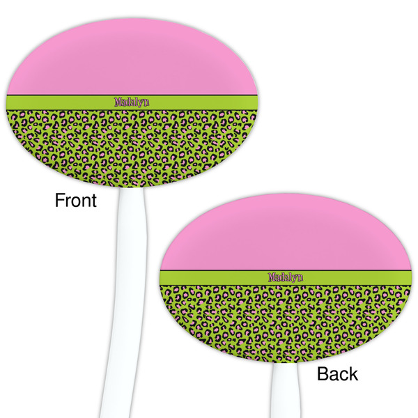 Pink & Lime Green Leopard White Plastic 7" Stir Stick - Double Sided - Oval - Front & Back