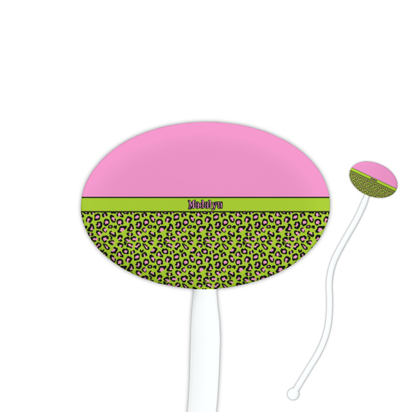 Custom Pink & Lime Green Leopard Oval Plastic Stir Sticks (Personalized)