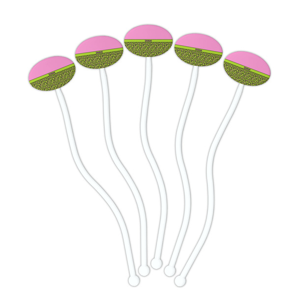 Pink & Lime Green Leopard White Plastic 7" Stir Stick - Oval - Fan