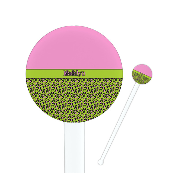 Custom Pink & Lime Green Leopard Round Plastic Stir Sticks (Personalized)