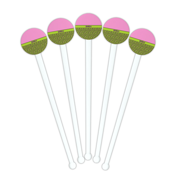 Pink & Lime Green Leopard White Plastic 7" Stir Stick - Round - Fan View