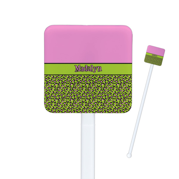 Custom Pink & Lime Green Leopard Square Plastic Stir Sticks (Personalized)