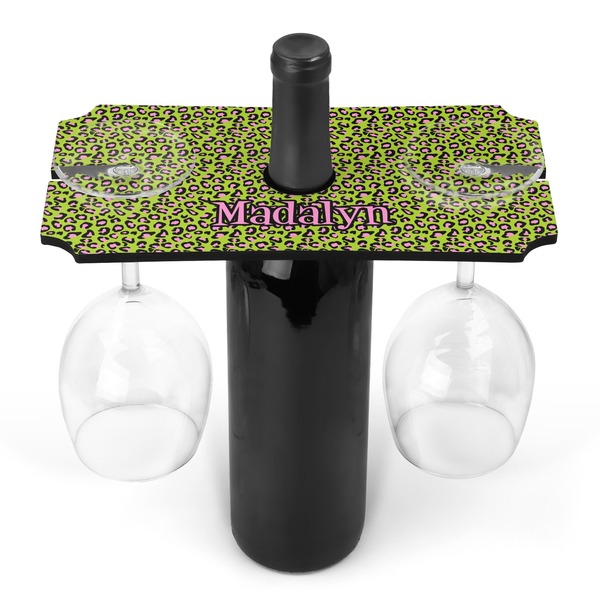 Custom Pink & Lime Green Leopard Wine Bottle & Glass Holder (Personalized)