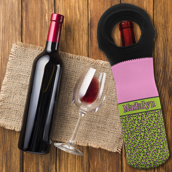 Pink & Lime Green Leopard Wine Tote Bag - FLATLAY