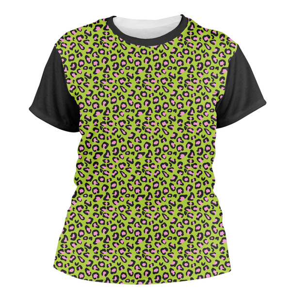 Custom Pink & Lime Green Leopard Women's Crew T-Shirt - Medium