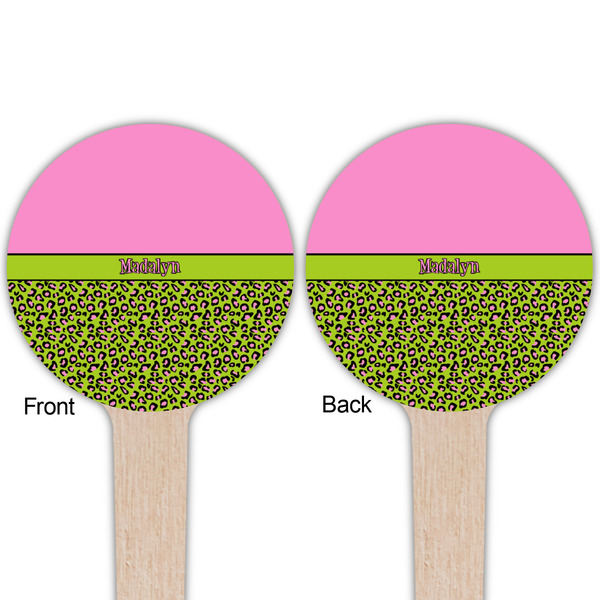 Pink & Lime Green Leopard Wooden 4" Food Pick - Round - Double Sided - Front & Back