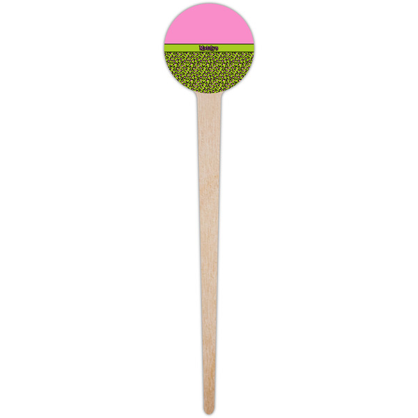Pink & Lime Green Leopard Wooden 4" Food Pick - Round - Single Pick
