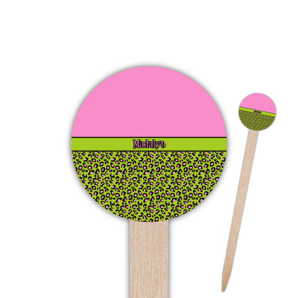 Custom Pink & Lime Green Leopard Round Wooden Food Picks (Personalized)