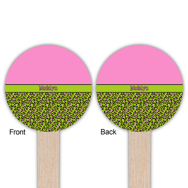 Pink & Lime Green Leopard Wooden 6" Food Pick - Round - Double Sided - Front & Back