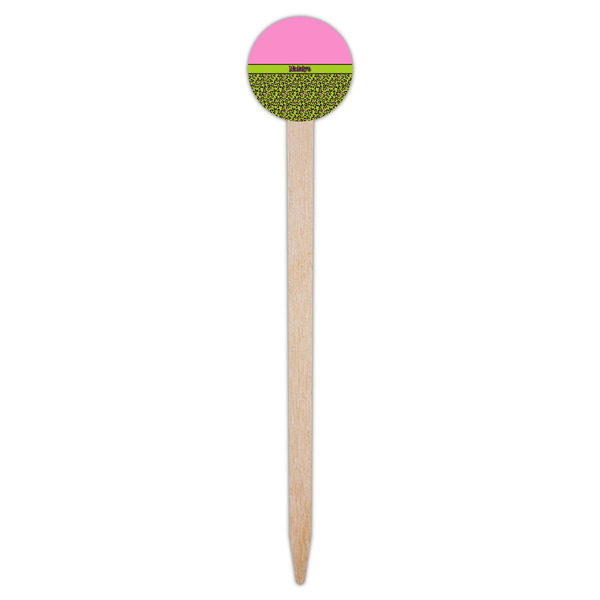 Pink & Lime Green Leopard Wooden 6" Food Pick - Round - Single Pick