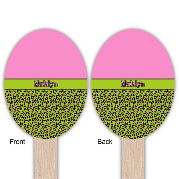 Pink & Lime Green Leopard Wooden Food Pick - Oval - Double Sided - Front & Back